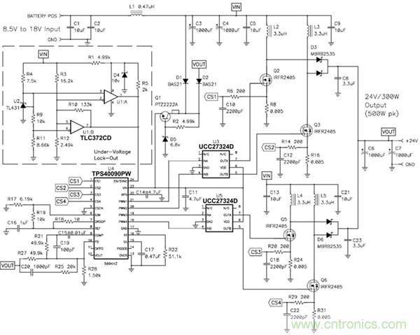TPS40090 多相降壓控制器的 4 相、300W 升壓電源