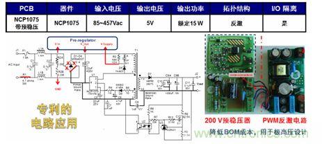 基于NCP1075開關(guān)穩(wěn)壓器和200 V預(yù)穩(wěn)壓器的極寬電壓范圍15 W參考設(shè)計(jì)。