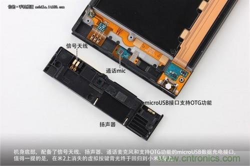 信號天線、揚聲器、麥克風(fēng)以及支持OTG功能的Micro USB接口均位于底部