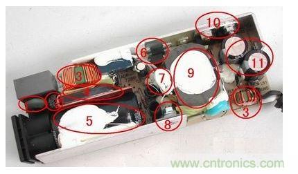 電源適配器的構(gòu)造  6 1. 壓敏電阻，其功能是當(dāng)外界電壓過高時，壓敏電阻阻值迅速變得很小，與壓敏電阻串聯(lián)的保險絲被熔斷，從而保護(hù)其他電路不被燒壞。  2. 保險絲，規(guī)格為2.5A/250V，當(dāng)電路中的電流過大時，保險絲會熔斷以保護(hù)其他元件。  3. 電感線圈(又稱扼流圈)，主要功能是降低電磁干擾。  4. 整流橋，規(guī)格為D3SB，作用是把220V交流電變?yōu)橹绷麟姟? 5. 濾波電容，規(guī)格為180μF/400V，作用是濾除直流電中的交流紋波，使電路工作更可靠。  6. 運(yùn)放IC(集成電路)，保護(hù)電路、電壓調(diào)節(jié)的重要組成部分。  7. 溫度探頭，用于探測電源適配器的內(nèi)部溫度，當(dāng)溫度高于某一設(shè)定值時(不同品牌的電源適配器，其設(shè)定的溫度閥值略有不同)，保護(hù)電路會切斷適配器的電壓輸出，從而保護(hù)適配器不受損壞。   8. 大功率開關(guān)管，是開關(guān)電源中的核心元件之一，開關(guān)電源能“一開一關(guān)”地工作，開關(guān)管功不可沒。   9. 開關(guān)變壓器，開關(guān)電源中的核心元件之一。   10. 次級整流管，功能是把低壓交流電變?yōu)榈蛪褐绷麟姟Ｔ贗BM的電源適配器中，整流管往往是由兩個大功率并聯(lián)工作的，以獲得較大的電流輸出。   11. 次級濾波電容，規(guī)格為820μF/ 25V，共有兩個，起濾除低壓直流電中的紋波的作用。  除上述元件外，電路板上還有可調(diào)電位器及其他阻容元件。
