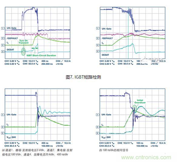 過(guò)流關(guān)斷時(shí)序延遲（通道1：柵極-發(fā)射極電壓10 V/div；通道2：來(lái)自 控制器的PWM信號(hào)5 V/div；通道3：低電平有效跳變信號(hào)5 V/div；100 ns/div）